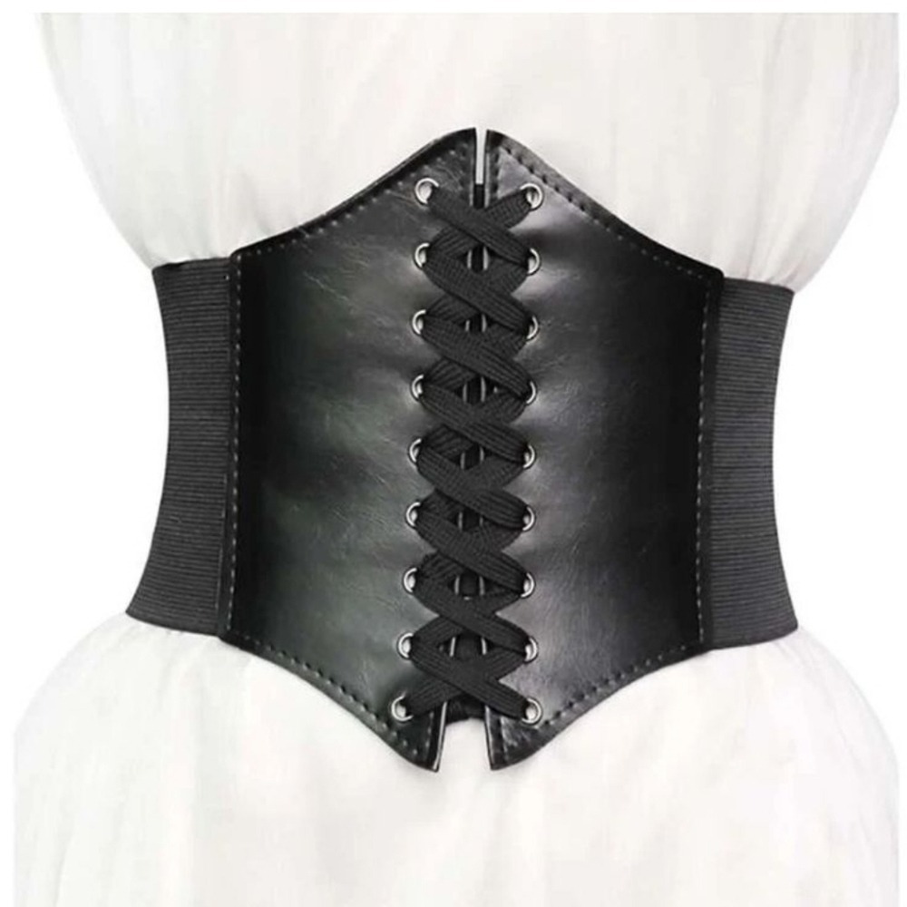 Black Lace Up Corset Belt Wide Faux Leather Stretch Waist Cincher accessory